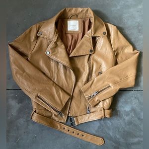 ELDOIE tan faux leather moto jacket, women’s medium, like new
